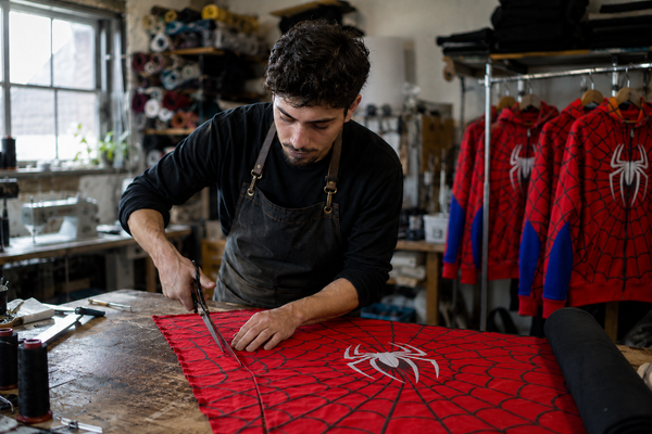 Sam cutting a red air-layer panel by hand in his studio