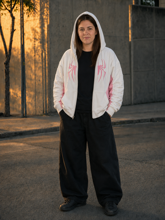 Bone White worn with the hood up