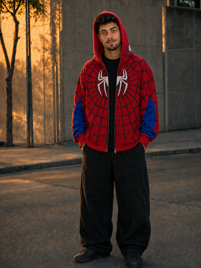 Crimson Web worn with the hood up