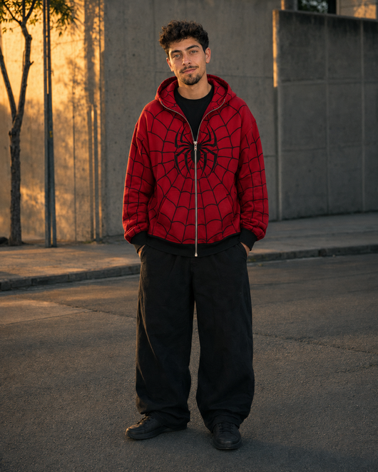 Nocturne Red colorway — Sam Brown Spider Hoodie worn on the street