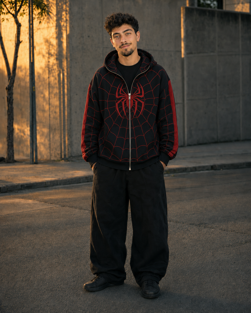 Sam Brown wearing the Ash Black Spider Hoodie on the street