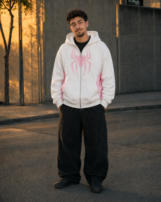 Bone White colorway — Sam Brown Spider Hoodie worn on the street